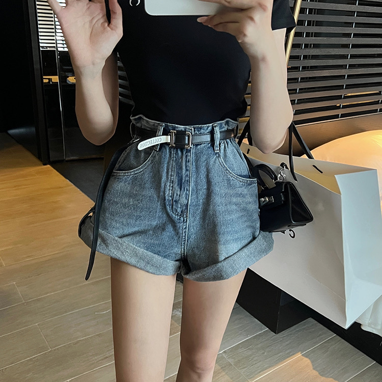 [savage] New Korean version high waist A-shaped buckle cuffed loose thin denim shorts (with belt) e8265# WPL