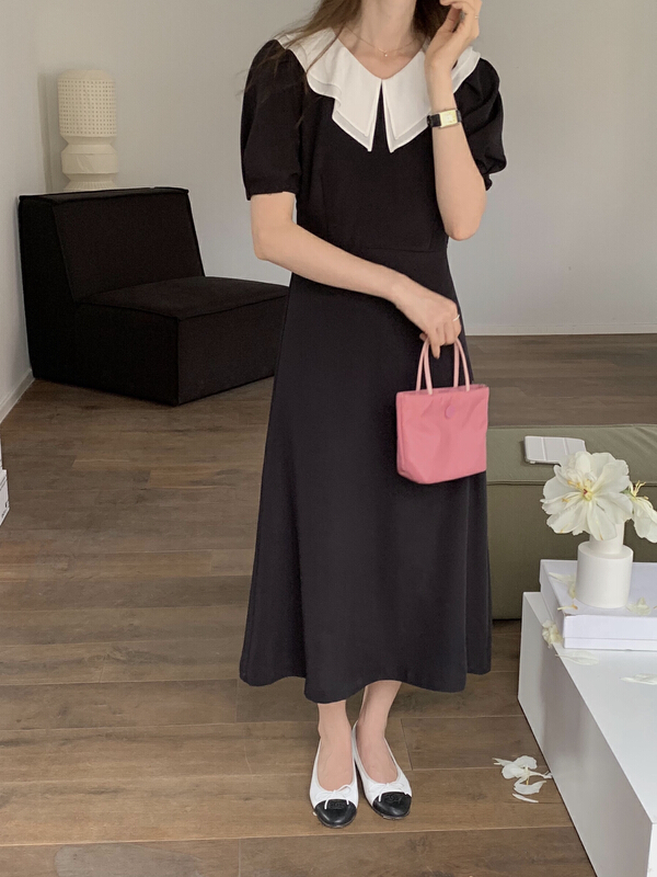 [T.G] Korean color matching lotus leaf collar bubble sleeve dress 17309# cqw