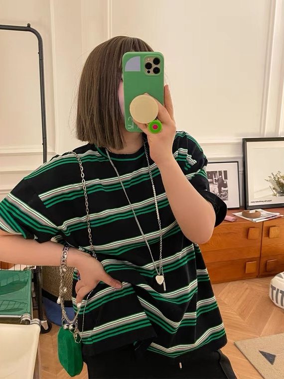 [d.dl] shoulder pad Pullover stripe short sleeve T-shirt 8513# WTT