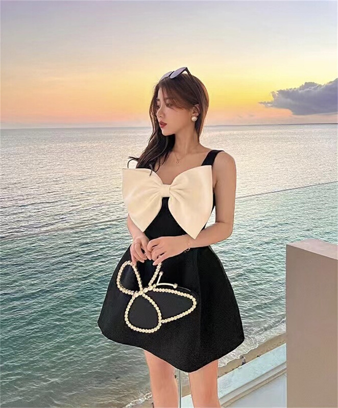 New in early summer! [Xiye] little women's bow short slim dress (bow can't be removed) g1107# JJ