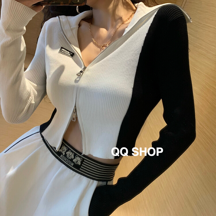 goods in stock! New year in early spring! [QQ shop] Korean fashion contrast color Lapel bead knit qq7828# ozq