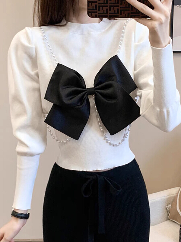 New year in early spring! [Doudou family] round neck bubble sleeve bow knit sweater (with Brooch / bow detachable) 8072# CLS