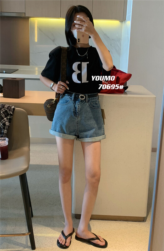 Summer new! [suxinlan] Korean simple retro thin denim shorts (with belt) 70695# LSL