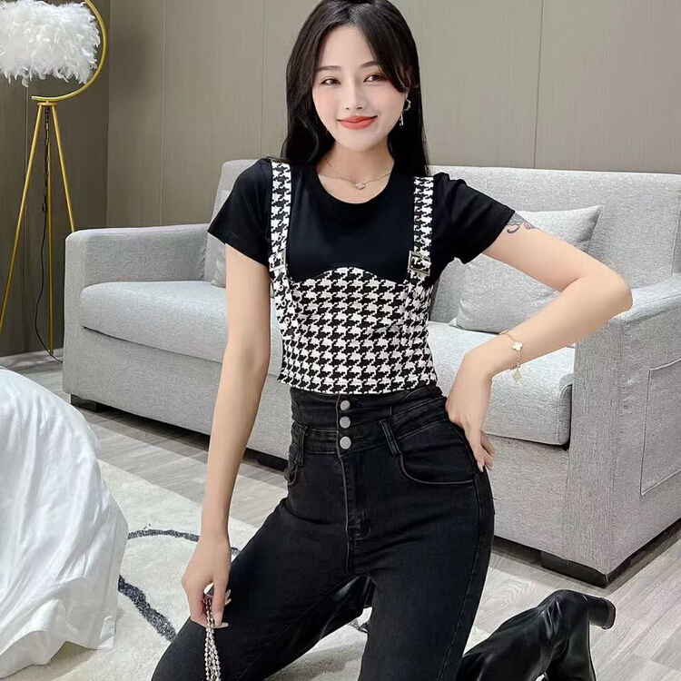 [fan fan] fashion fake two Plaid color matching blouse 5586# JJ