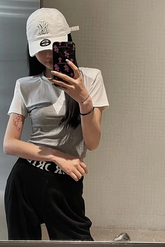 [toko. Z] Korean color blocking design short slim short sleeve T-shirt 22131# cqw