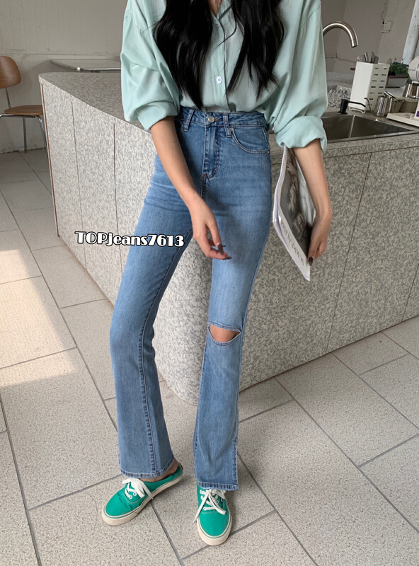 [top] hollow element design micro flare jeans (with belt) 7613# XJ