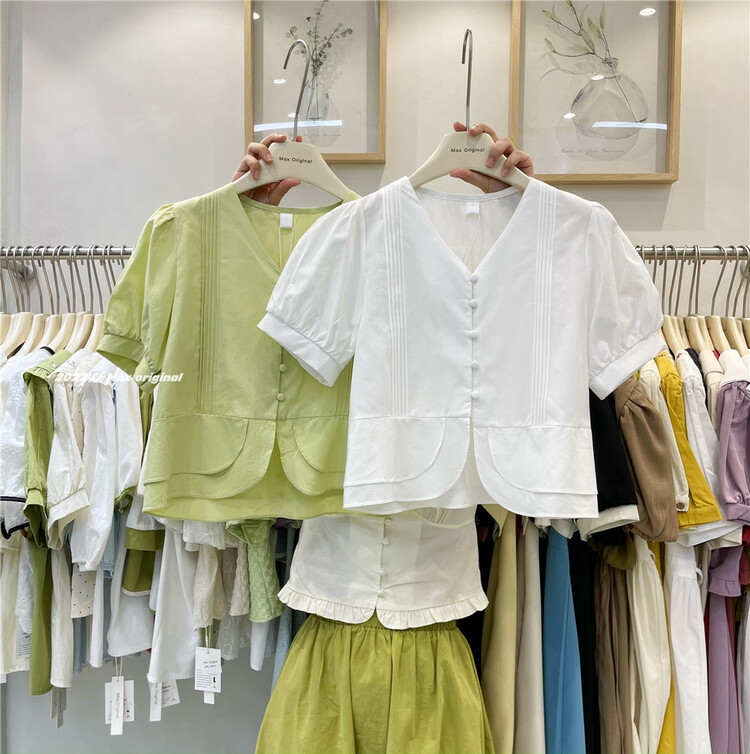 [Max original] simple V-neck bubble sleeve shirt 98227# HBx