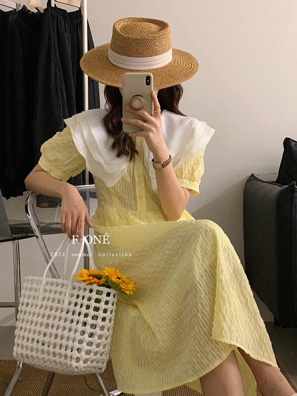 [f one] lotus leaf collar color blocking fashion dress 66073# WPL