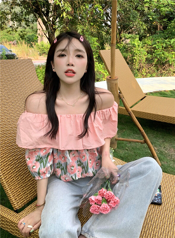 [timely rain] Han Feng ins design, ruffled one shoulder floral shirt 01779# WPL