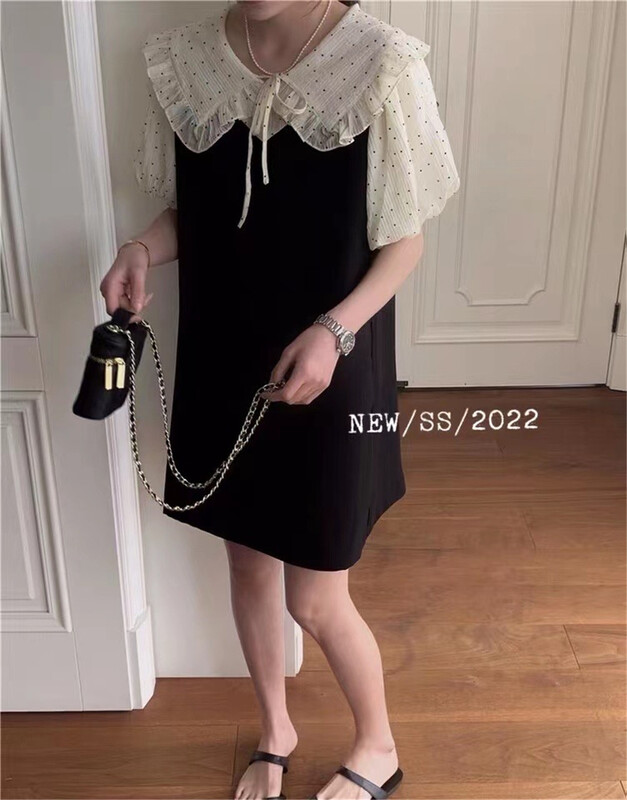 [gusA] French style large lapel bubble sleeve lace up temperament dress 6155# WPL