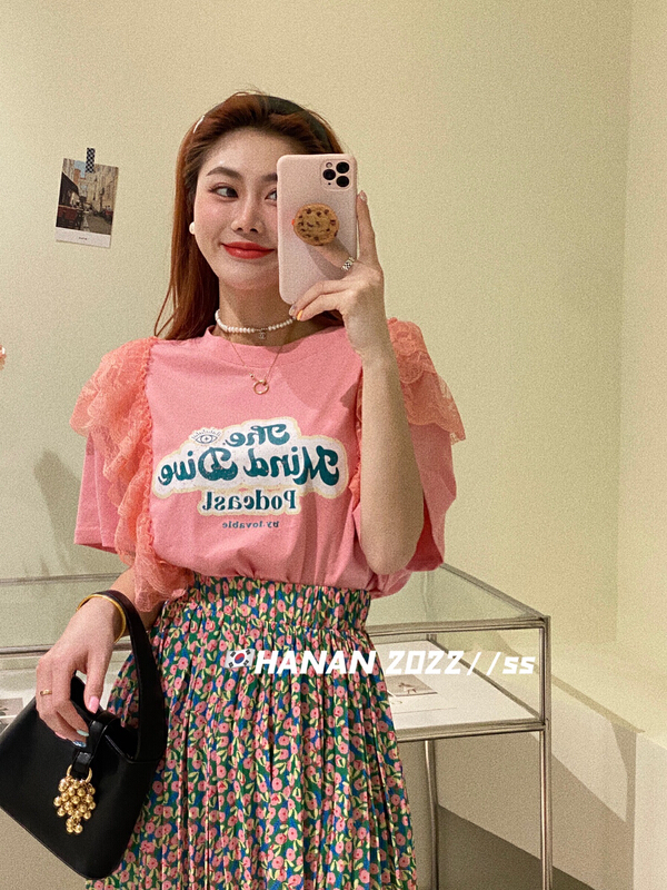 [Hanan] Korean versatile loose letter short sleeve T-shirt ys1-6170# LSL