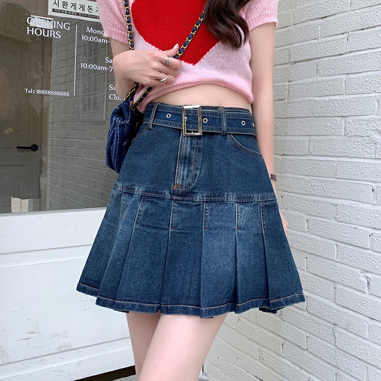 New year in early spring! [timely rain] Han Feng ins retro spice girl high waist versatile thin denim skirt (with detachable belt) (only selling skirt) b8665# WPL
