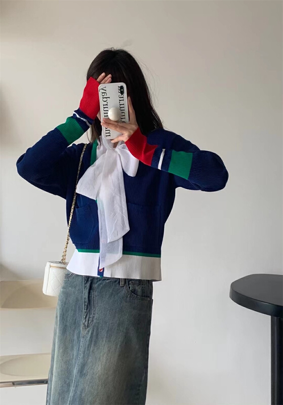 goods in stock! New year in early spring! [Yiwan y.von] deep V pocket color matching knitted cardigan 1891# XJ
