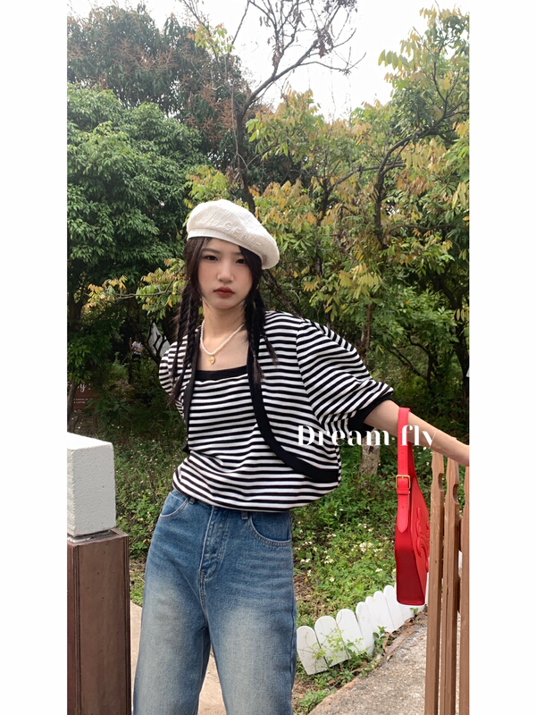 [dream fly] Korean striped square neck short sleeve T-shirt 61133# XJ