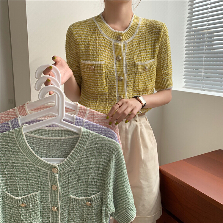 New in early summer! [strawberry] small fragrance temperament color blocked knitted cardigan s855# L