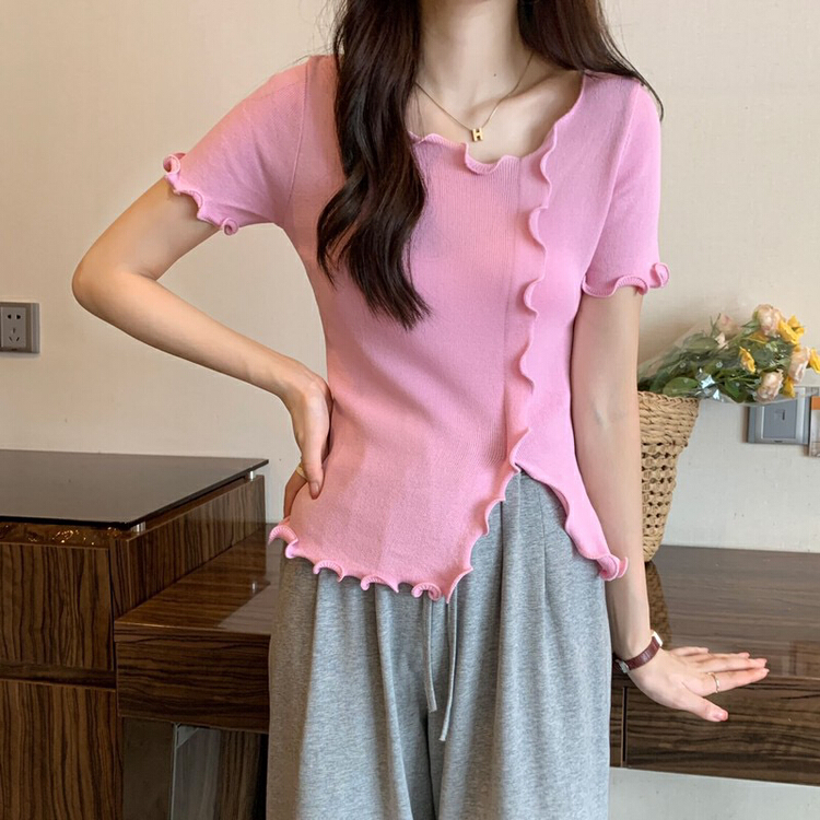 [f · P] Korean version fungus edge split short sleeve sweater 56047-1# HBx