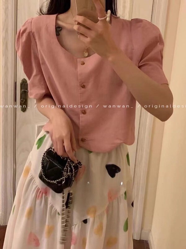【WANWAN】氣質方領排扣泡泡袖小衫  1750#  HBX