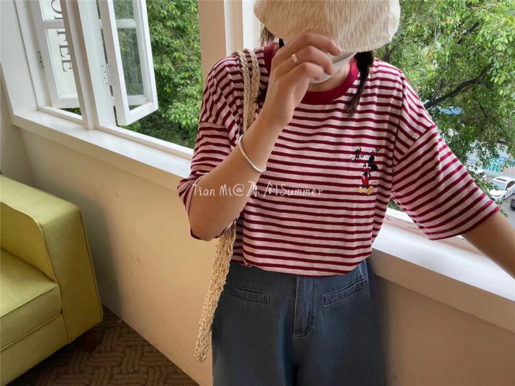 [Tian MI] stripe comfortable Korean round neck short sleeve T-shirt 9003# L