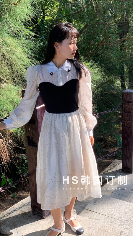 New year in early spring! [HS customized in Korea] Korean version of wavelet dot color contrast stitching dress 65013# hjy
