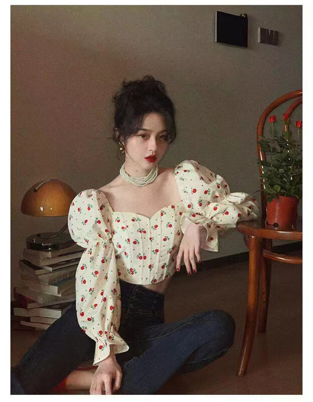 New year in early spring! [tangtangtangjia] temperament bubble sleeve printed short shirt 2717# PCZ