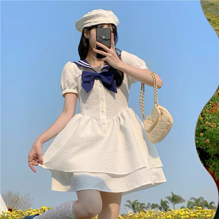 New in early summer! [Yingying new clothes] college style Navy collar thin high waist cake dress (with bow) 7091# Cl