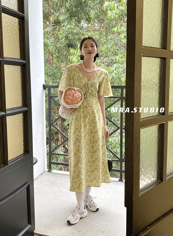 [MRA] fashion sweet floral V-neck slim dress m9003# zxl