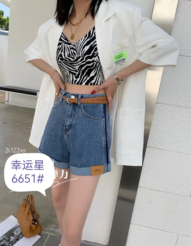 New in early summer! [J-star] Korean version of high waist and thin color blocking denim shorts 6651# Cl