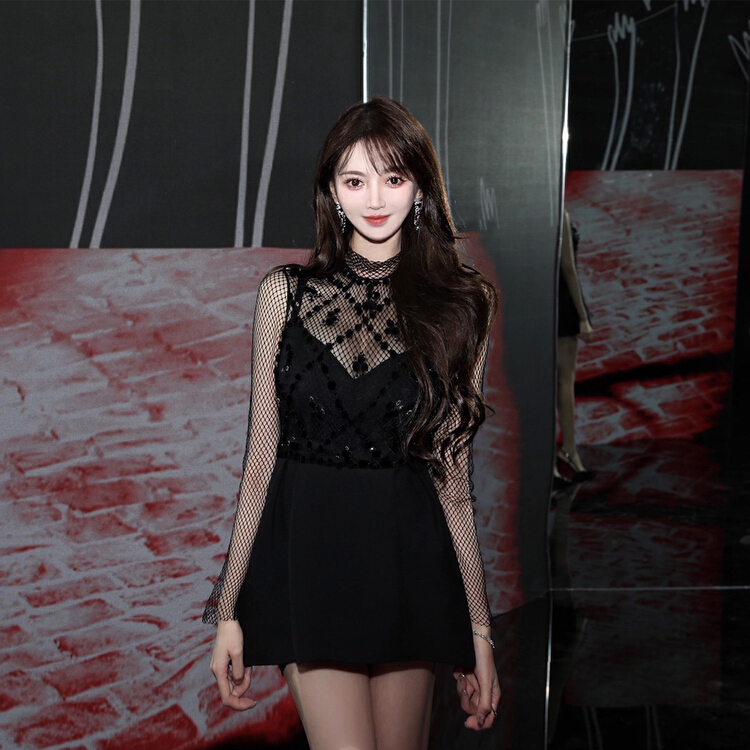 [pepper] black mesh hollow out fake two-piece blouse + pure sexy skirt suit (non detachable sling) 1294# Cl