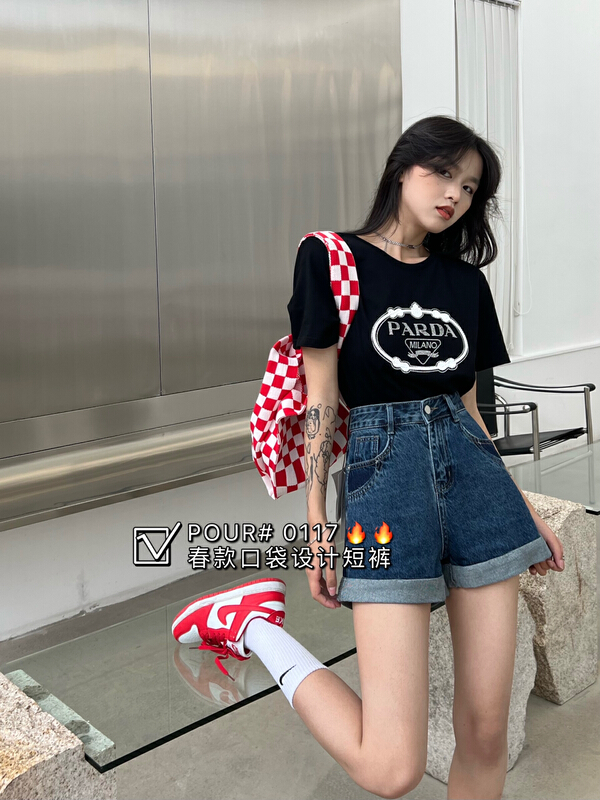 New year in early spring! [pour one] Korean pocket contrast color crimped denim shorts po0117# L