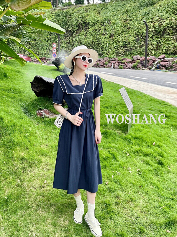 New in early summer! [woshang] retro square collar Korean style casual lace up dress 1235# XYJ
