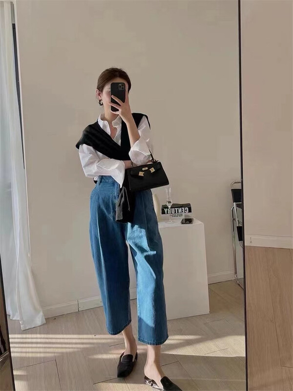 [suxinlan] Korean high waist loose wide leg nine point jeans 088# LSL