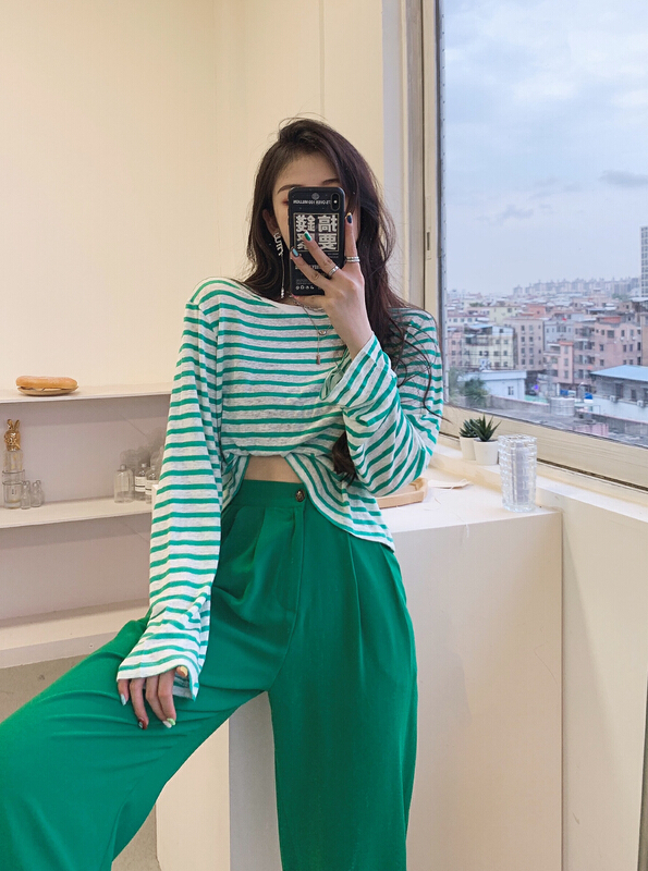 New in early summer! [Xi Xi] stripe versatile round neck long sleeve T-shirt 0756-2# ozq