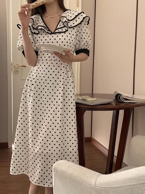 New in early summer! [baerman] double layer lotus leaf collar wave point lace up slim dress (only dresses) 9702# HBx