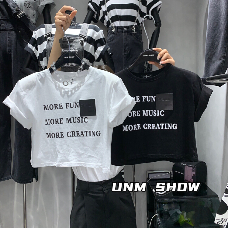 [unm-show] Korean design letter printed leather brand navel exposed short sleeve T-shirt 6168# WTT