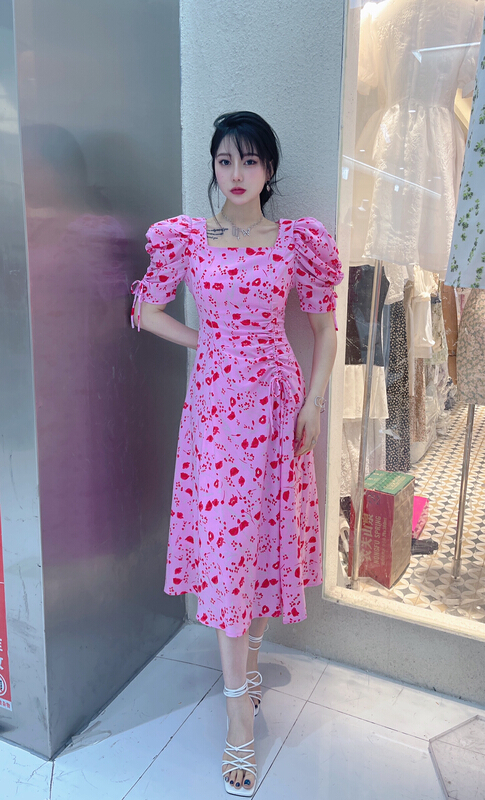 [mi2] square neck floral bubble sleeve dress b6307# JJ