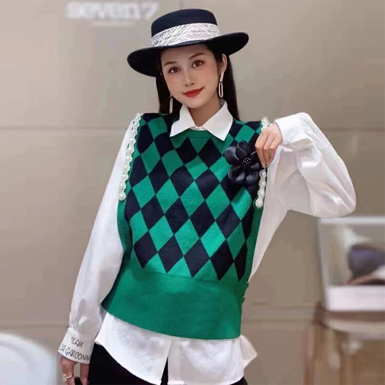 New year in early spring! [S.J] Japanese Mori women's chessboard design vest (with detachable Brooch) 9683# LJF