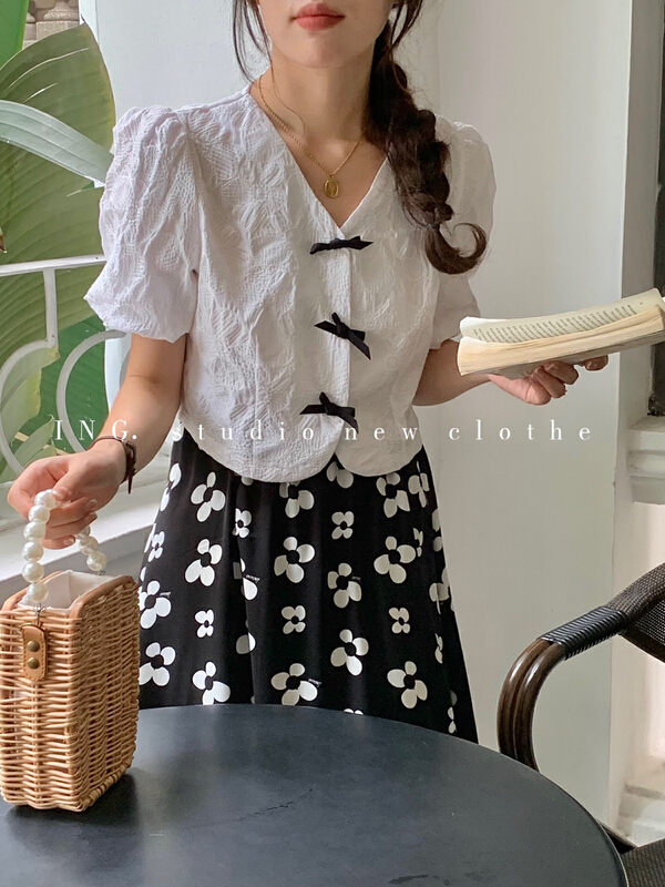 [ing] sweet temperament V-neck bow bubble sleeve short shirt 9032# HBx