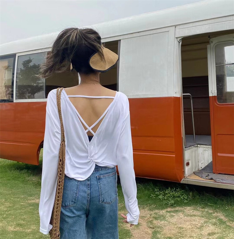 New in early summer! [one seven] crew neck backless design Vintage long sleeve T-shirt t6280# LSL