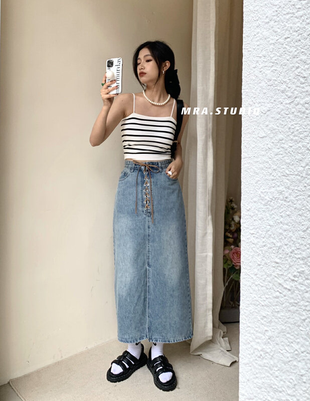 [MRA] design sense bandage front slit thin denim skirt m1856# zxl