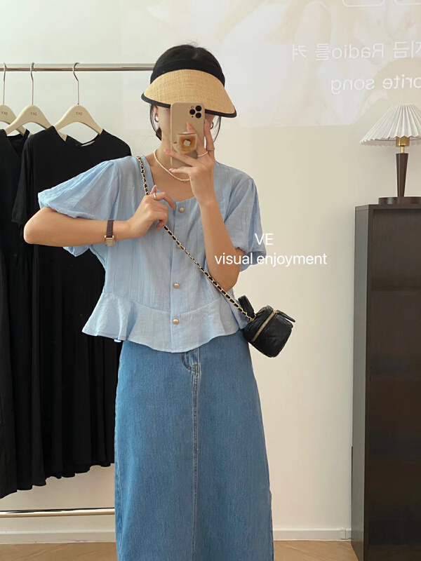 [ve] single breasted square neck comfortable blouse 99020# HBx