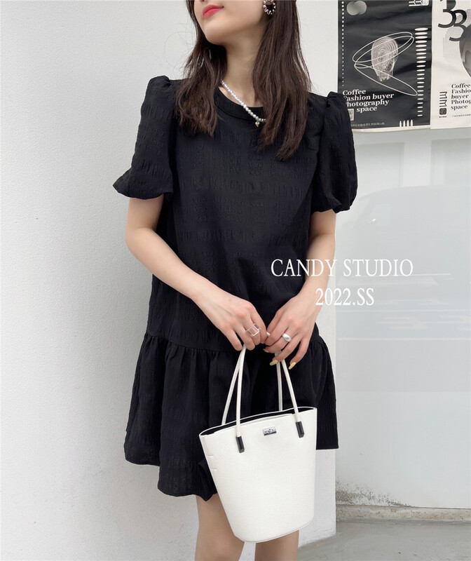 【糖果CANDY】韓系圓領泡泡甜美肌理感連衣裙(配鏈條)  3356#  ZJY