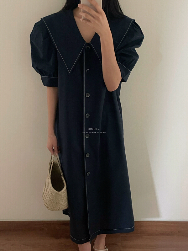 [ISO Korean series] Korean version bubble sleeve large lapel button dress (with waist rope) 3075# hjy