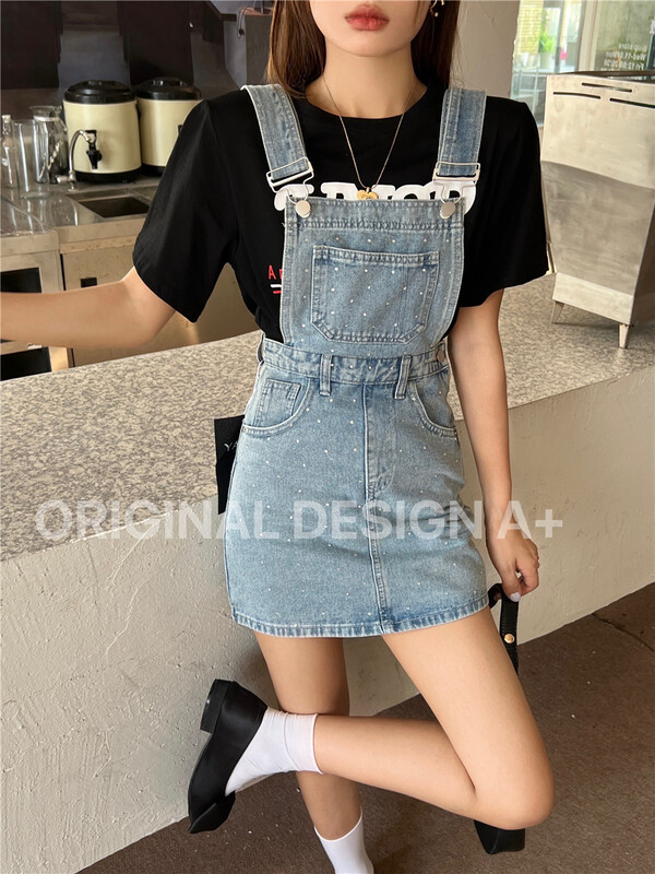 [a +] Korean loose denim shorts suspenders 7706# ozq