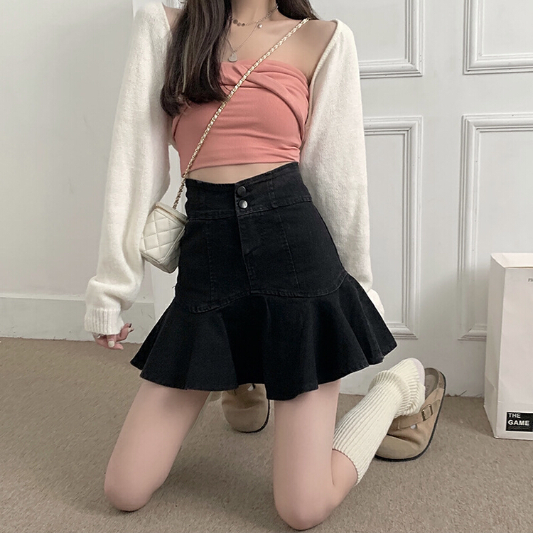 New year in early spring! [timely rain] sweet Ruffle edge retro spice girl high waist thin denim skirt (only skirts) 62152# WPL