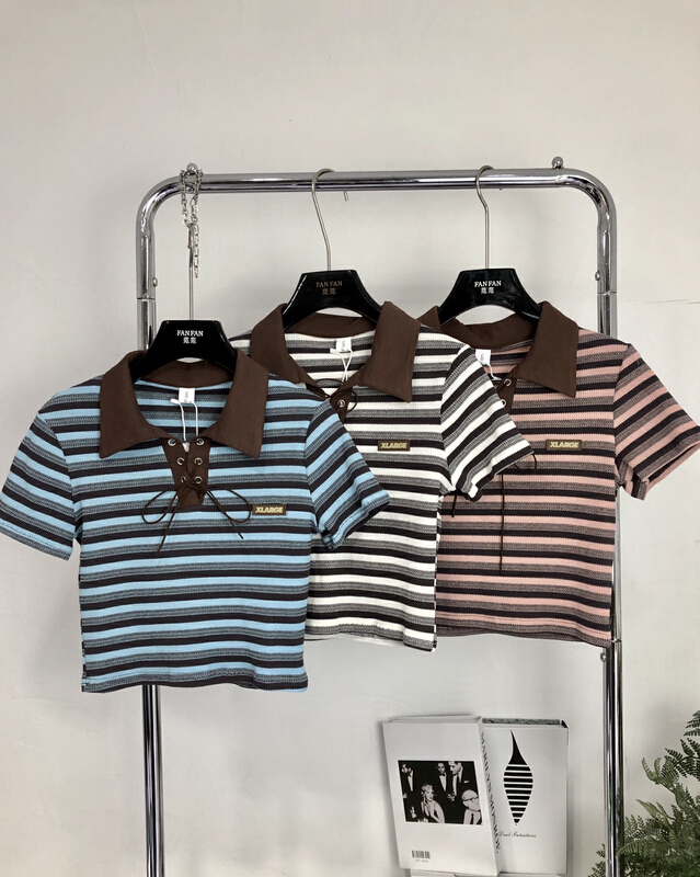 [Baobao] stripe Lapel contrast short sleeve T-shirt 5723# ozq
