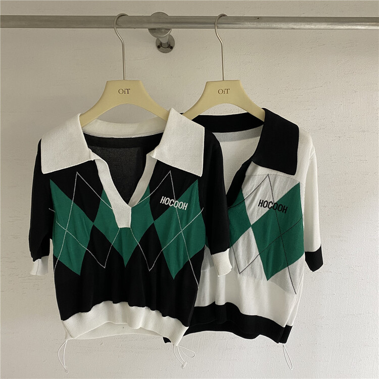 [OIT] embroidered lettered Plaid Polo 0811# HBx