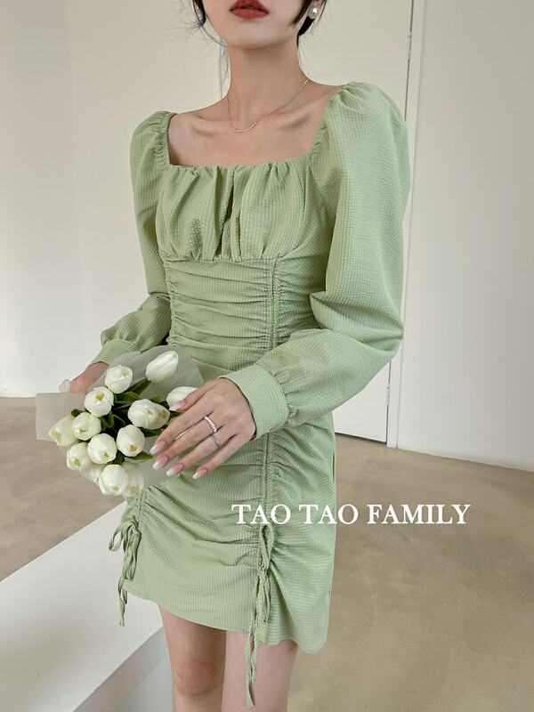 New year in early spring! [Taotao family] drawstring waist closing square neck solid color dress (with drawstring) 3358# lwy