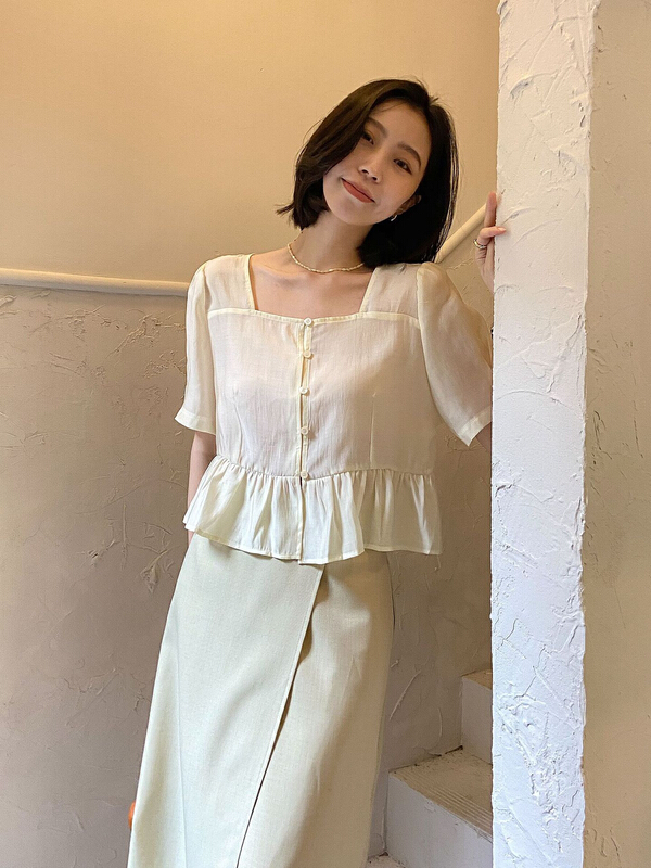 [C for her] Korean style square neck bubble sleeve short shirt 5173# XJ