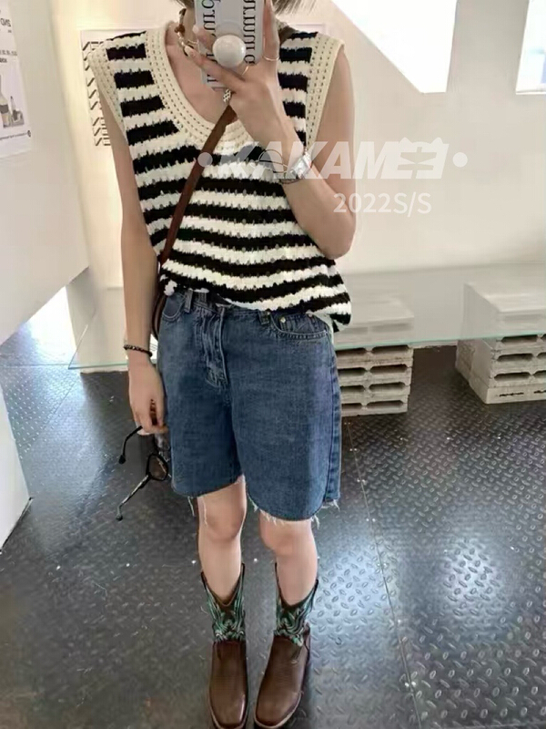 [kakamee] design sense hollow lace striped vest 1717# LSL