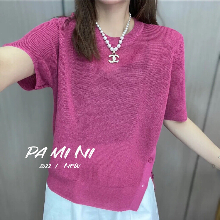 [pamini] French crew neck diagonal button knit 22155# Cl